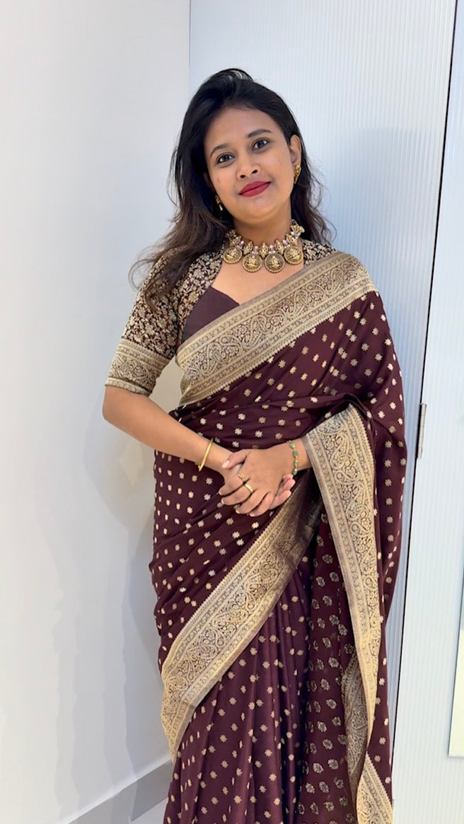 Brown Designer Soft Crepe banarasi saree with brocade blouse (SBSGDC66)