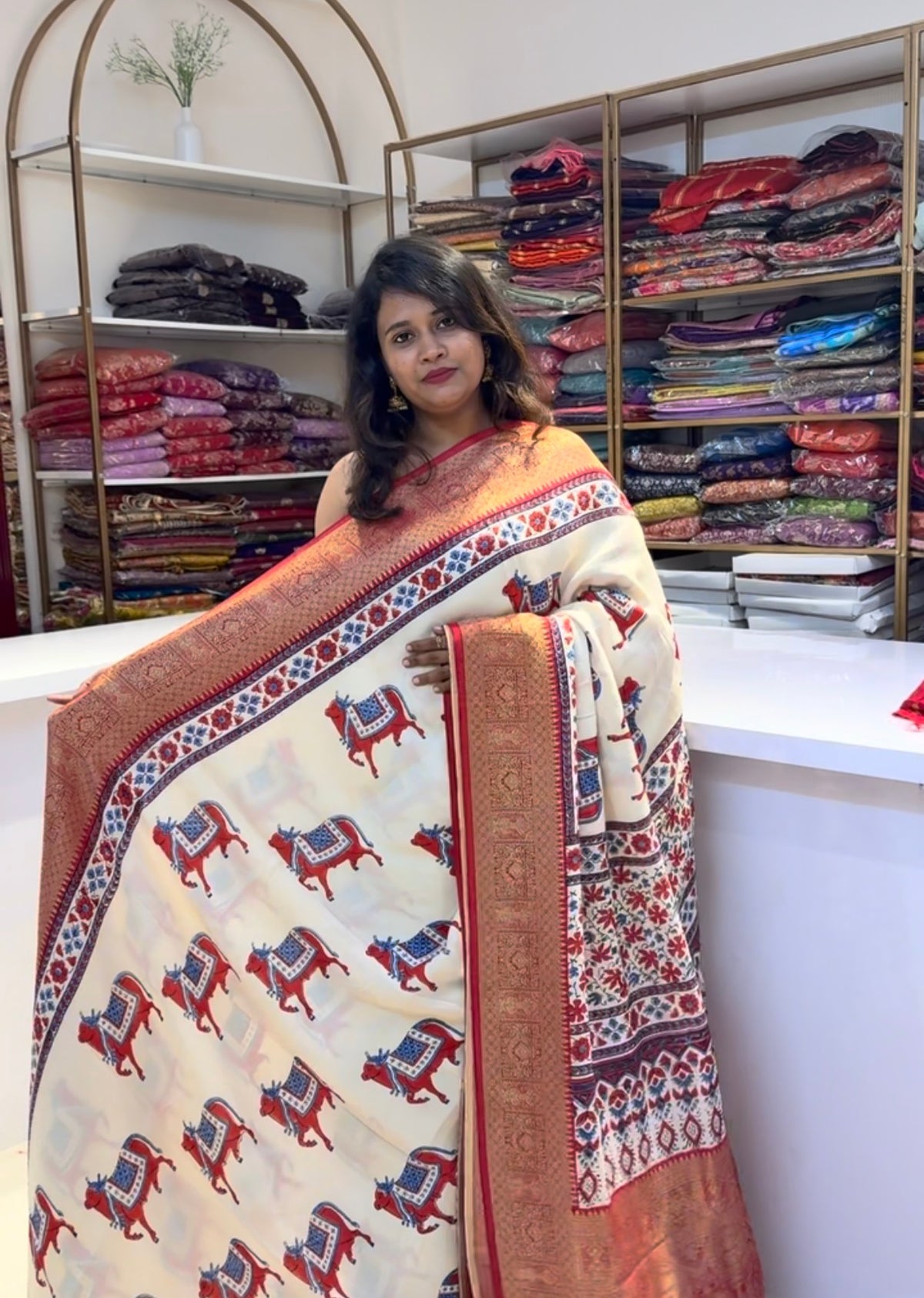 Cow design Off white with red Dola Silk Saree with ajrakh hand block print (SBSGCOW77)