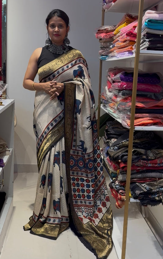 Pichwali Design Dola Silk Saree with ajrakh hand block print