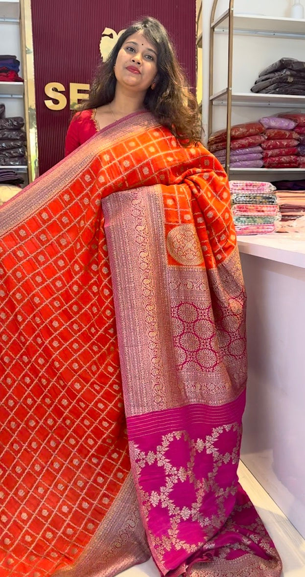 Orange with pink Semi Khaddi georgette Saree.