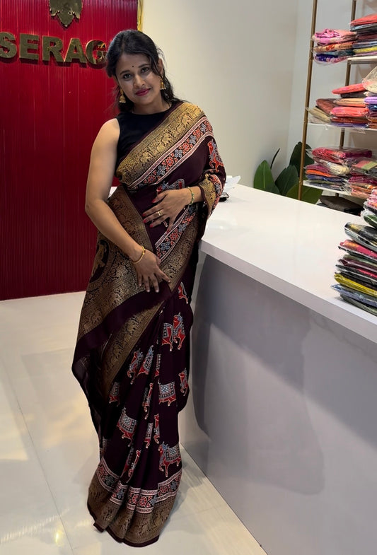 Cow design brown Dola Silk Saree with ajrakh hand block print