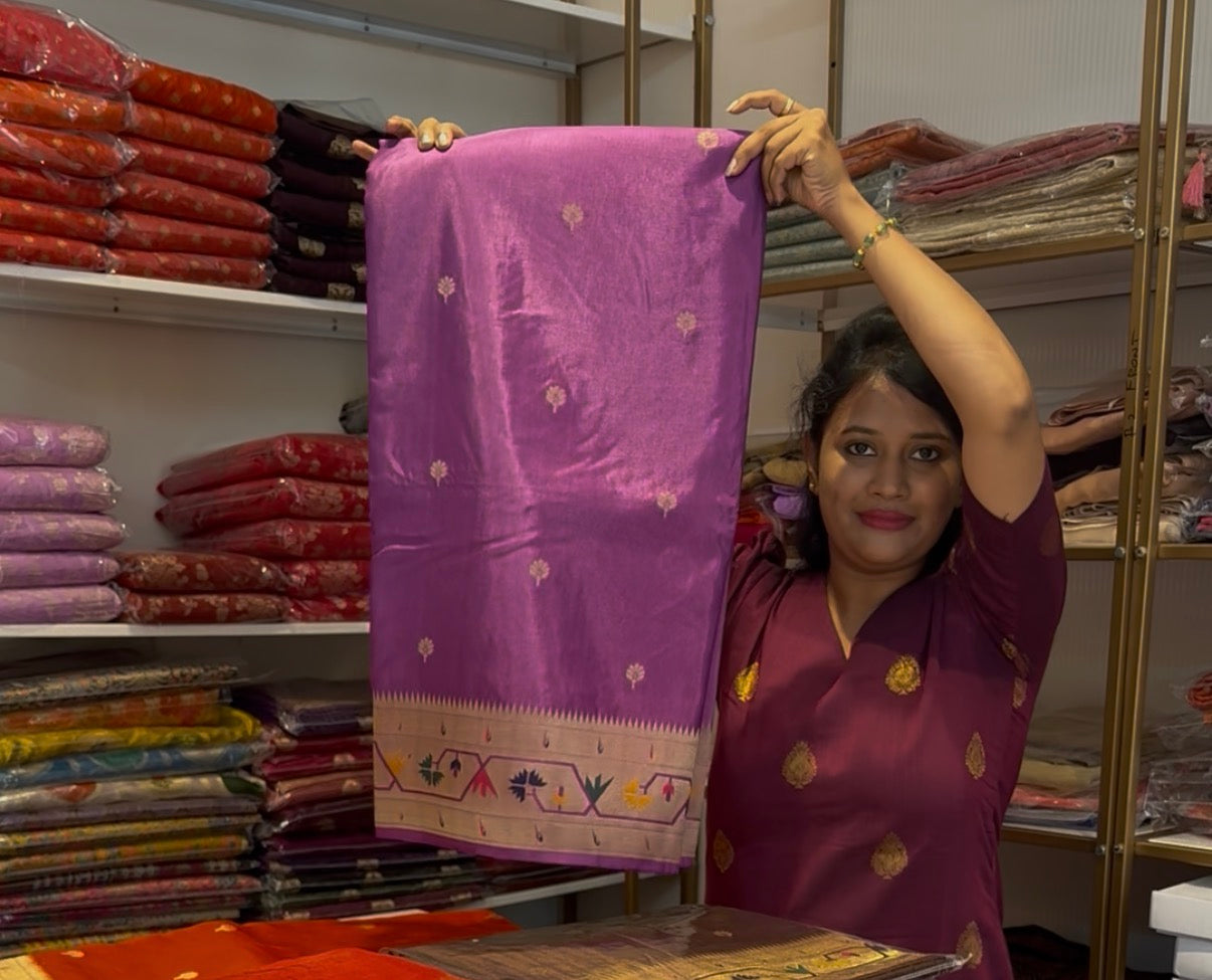 Lavender dola silk saree with paithani border.