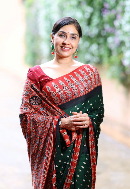 Anu Prabhakar Original hand knot Bandhej ajrakh modal silk saree