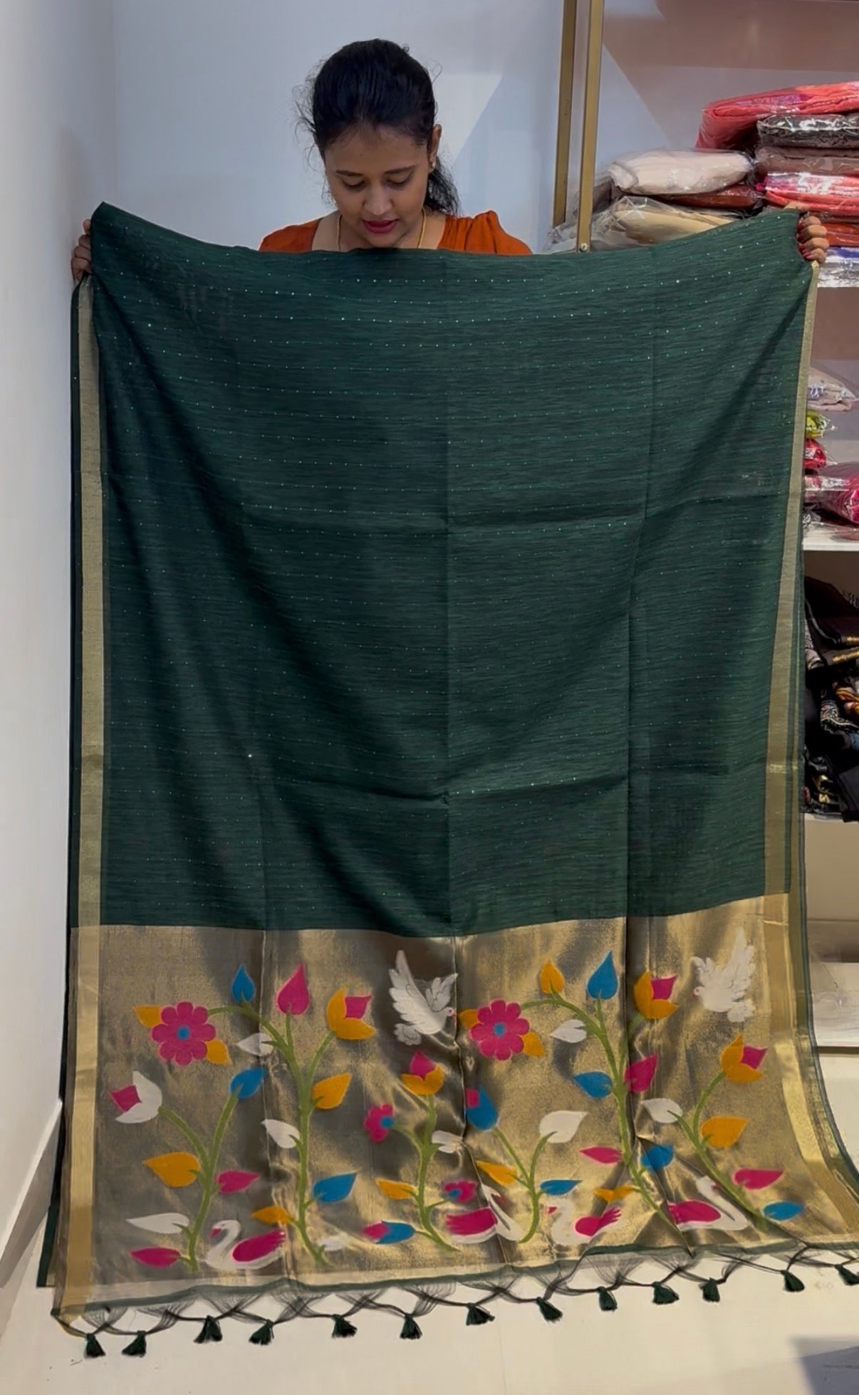 Bottle green handloom jamdani saree