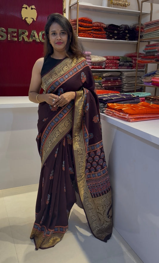 Dola Silk Saree with ajrakh hand block print