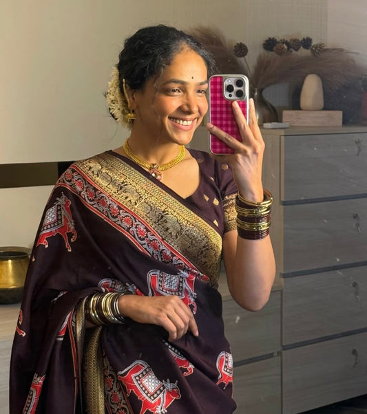 Cow design brown Dola Silk Saree with ajrakh hand block print(SSD4500)