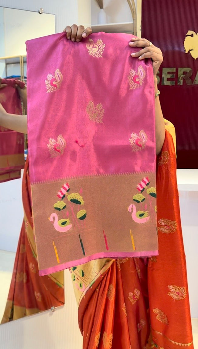 Baby pink Viscose crepe silk saree with beautiful satin finish with stunning hamsa and lotus motifs(SBSGLOTUS)