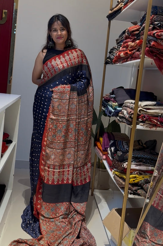 Blue with red Bandhej Ajrakh Modal Silk Saree