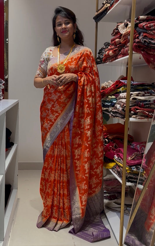 Orange with purple Premium Georgette Saree