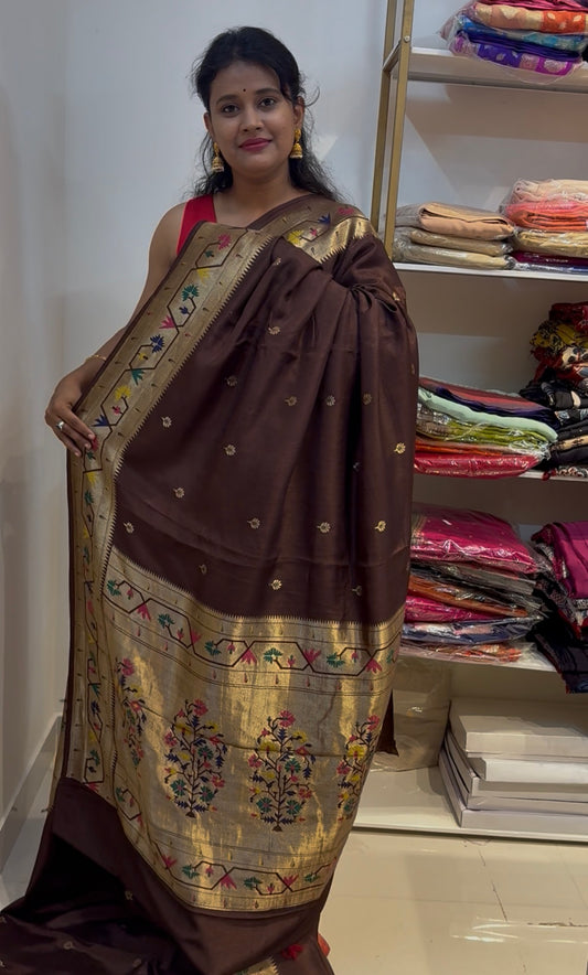 Brown dola silk saree with paithani border.