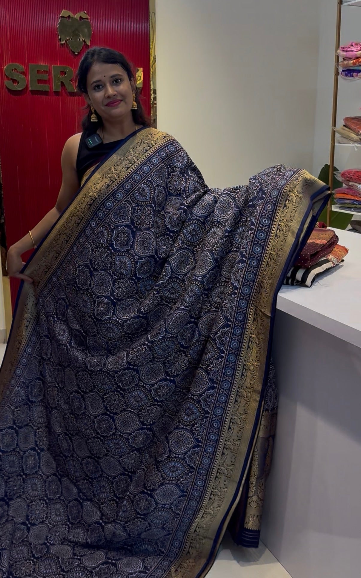 Blue dola Silk Saree with ajrakh hand block print
