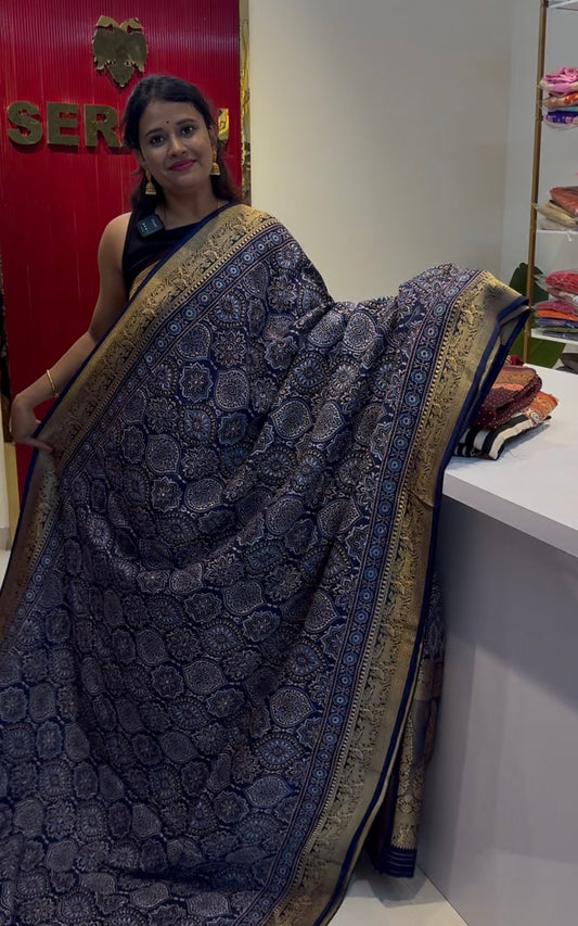 Blue dola Silk Saree with ajrakh hand block print
