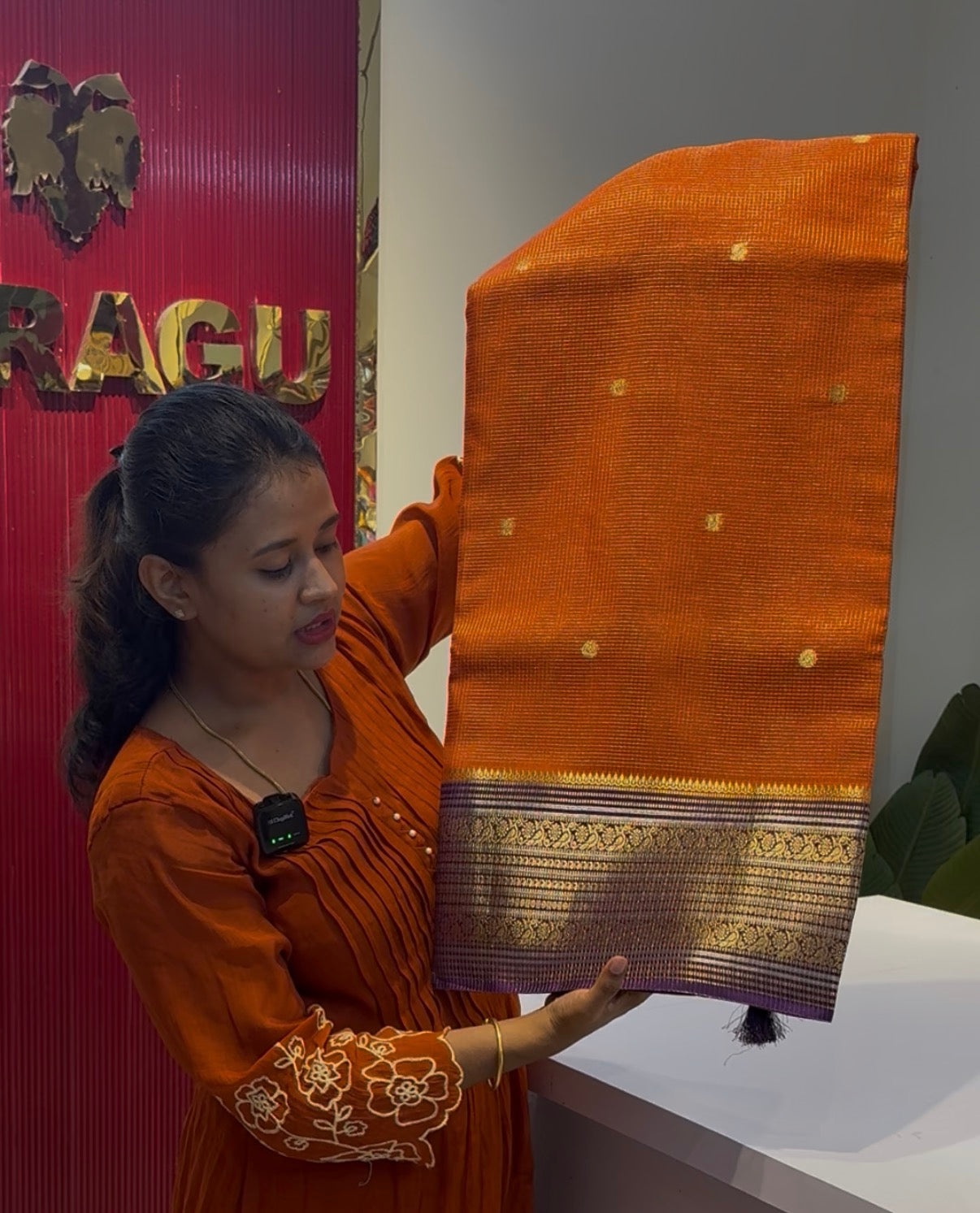 Orange with purple Vintage Dola silk saree
