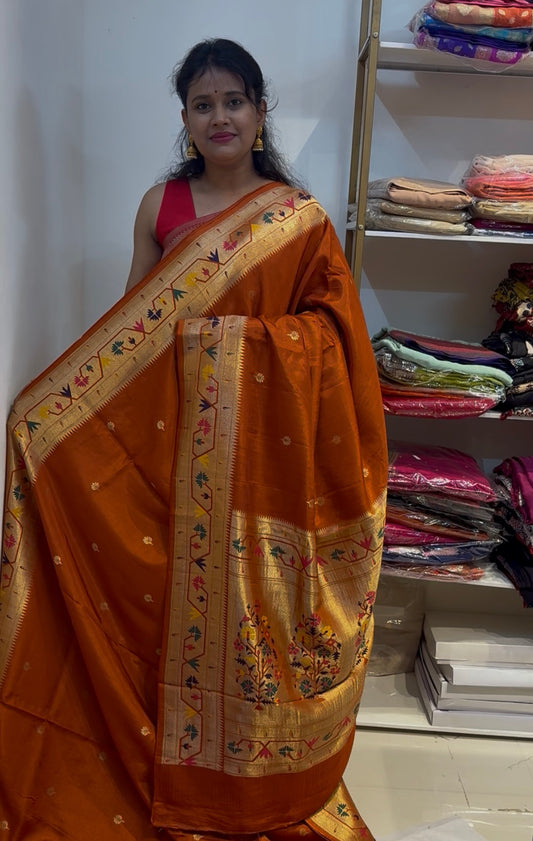 Orange dola silk saree with paithani border.
