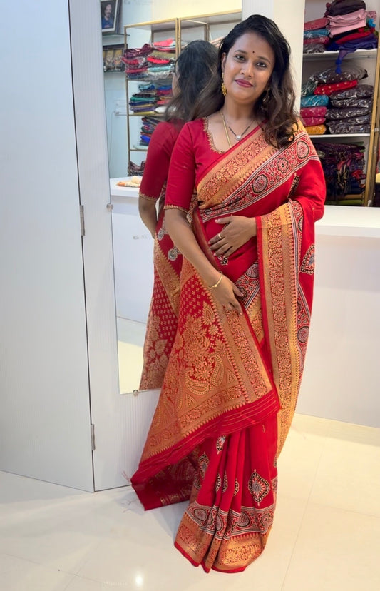 Dola Silk Saree with ajrakh hand block print