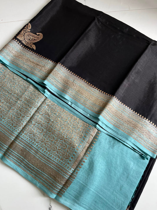 Black with blue Pure Crepe chiffon banarasi saree with konia design(SBSGCCB02)