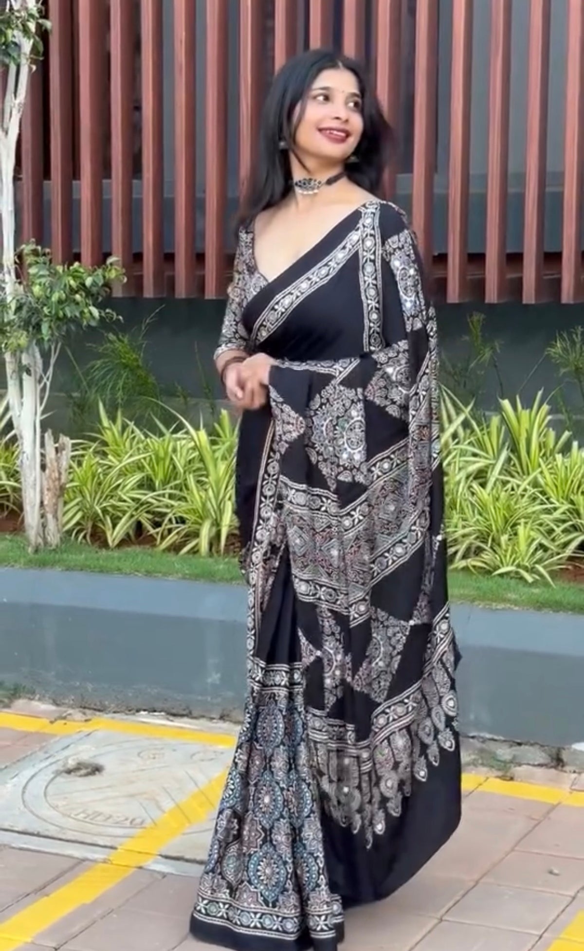 Real mirror glued black Ajrakh pure Modal Silk saree