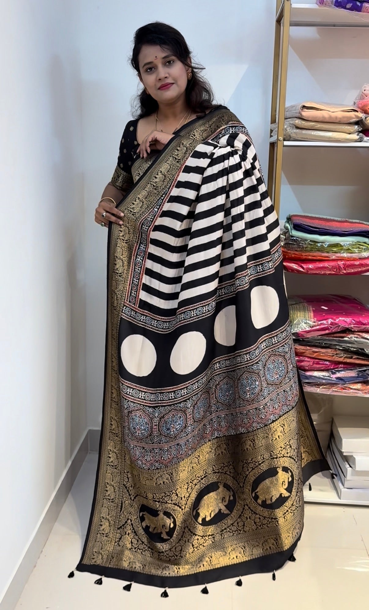 Black & White Dola Silk Saree with ajrakh hand block print