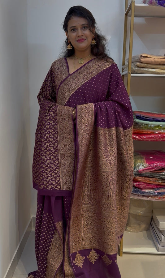 Wine pure crepe Banarasi saree(pure119)