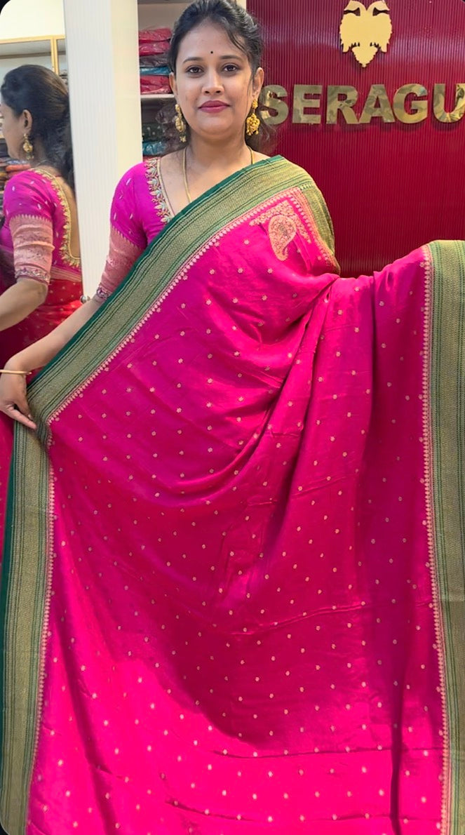 Pink with green pure crepe Banarasi saree (PINK05)