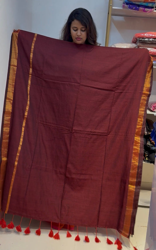 Pure cotton zari checks saree(BROWNMUL01)