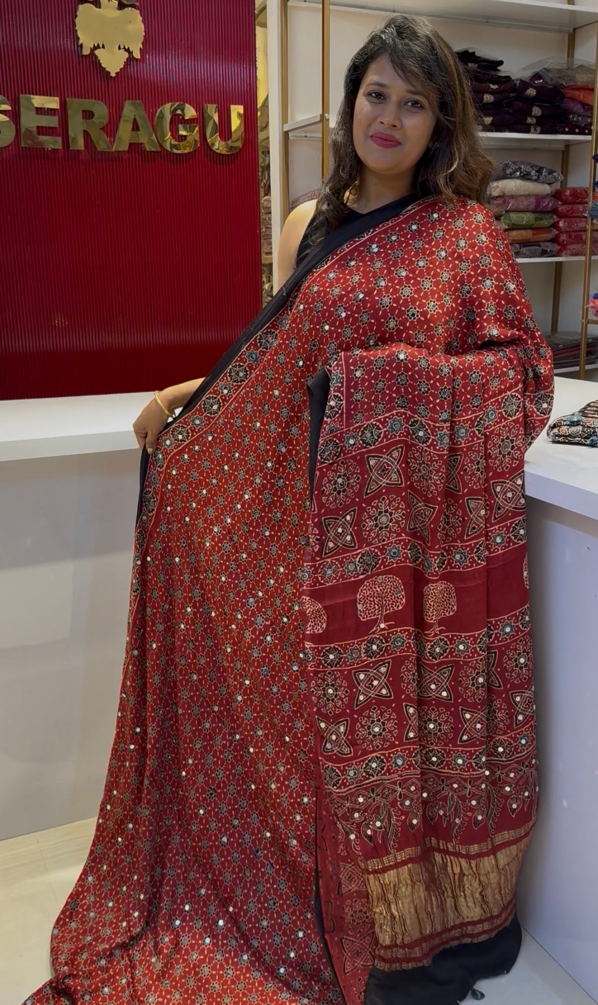Real mirror glued red Ajrakh pure Modal Silk saree