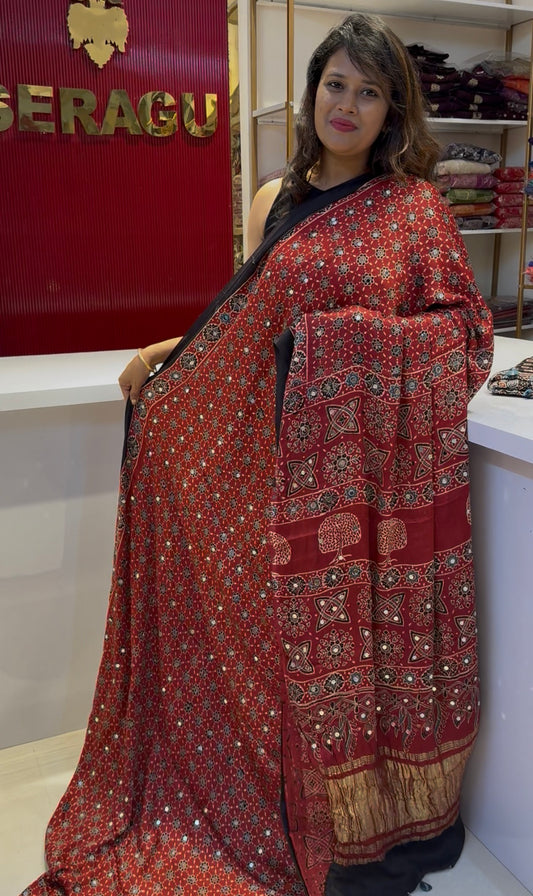 Real mirror glued red Ajrakh pure Modal Silk saree