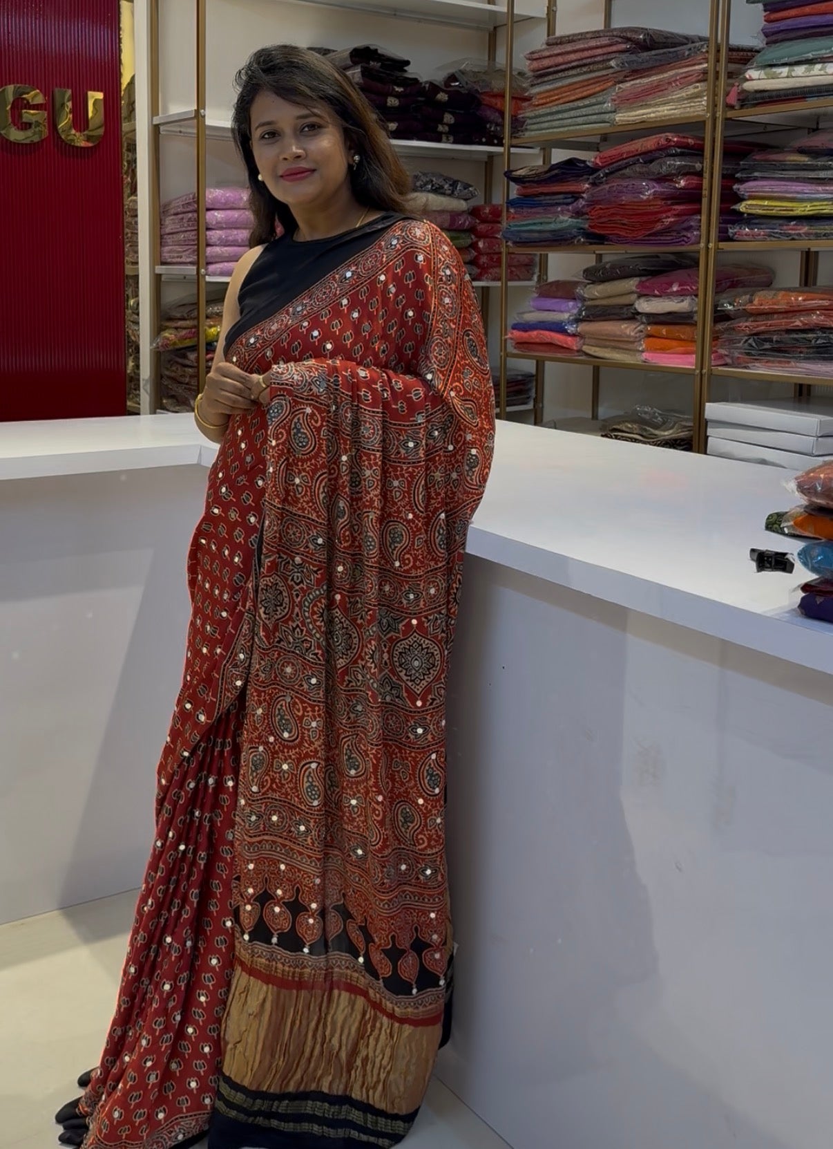 Real mirror glued red Ajrakh pure Modal Silk saree