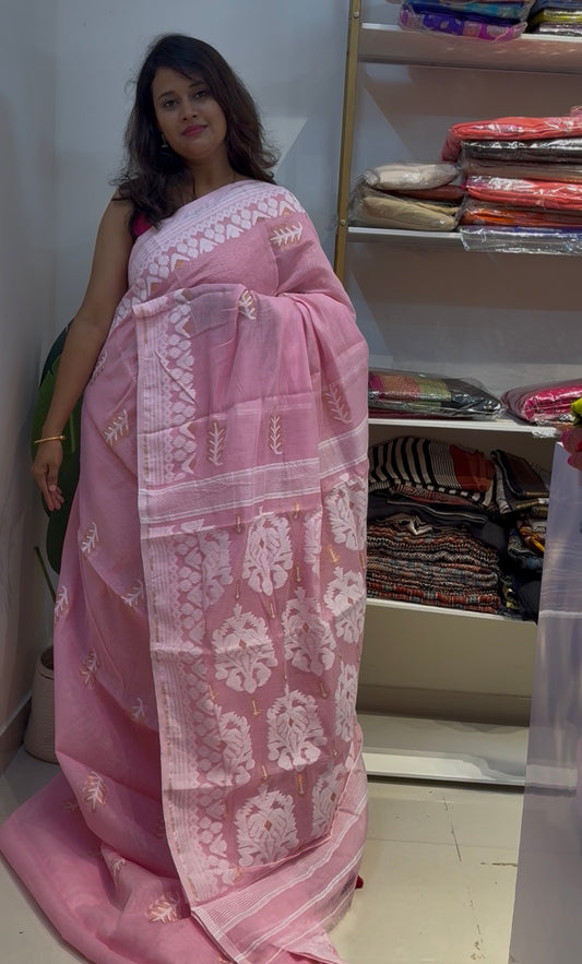 Baby pink soft jamdani pure cotton saree with running blouse
