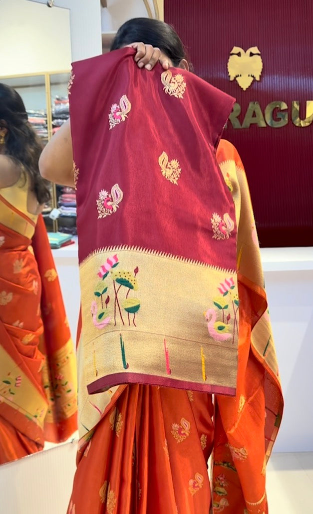 Maroon Viscose crepe silk saree with beautiful satin finish with stunning hamsa and lotus motifs(SBSGLOTUS)