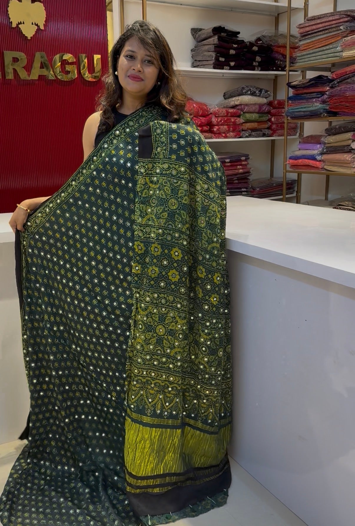 Real mirror glued green Ajrakh pure Modal Silk saree