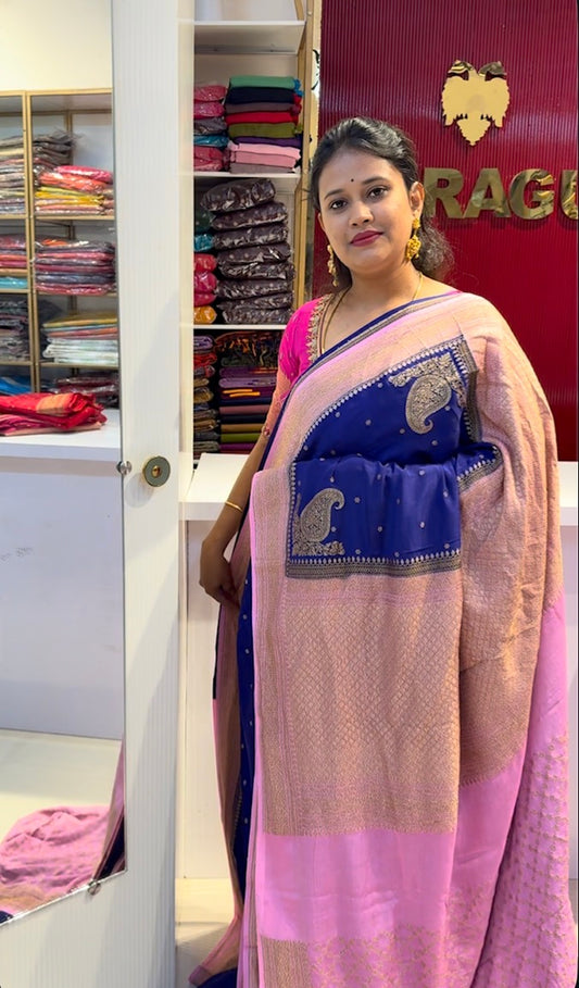 Blue with baby pink pure crepe Banarasi saree(BLUE01)