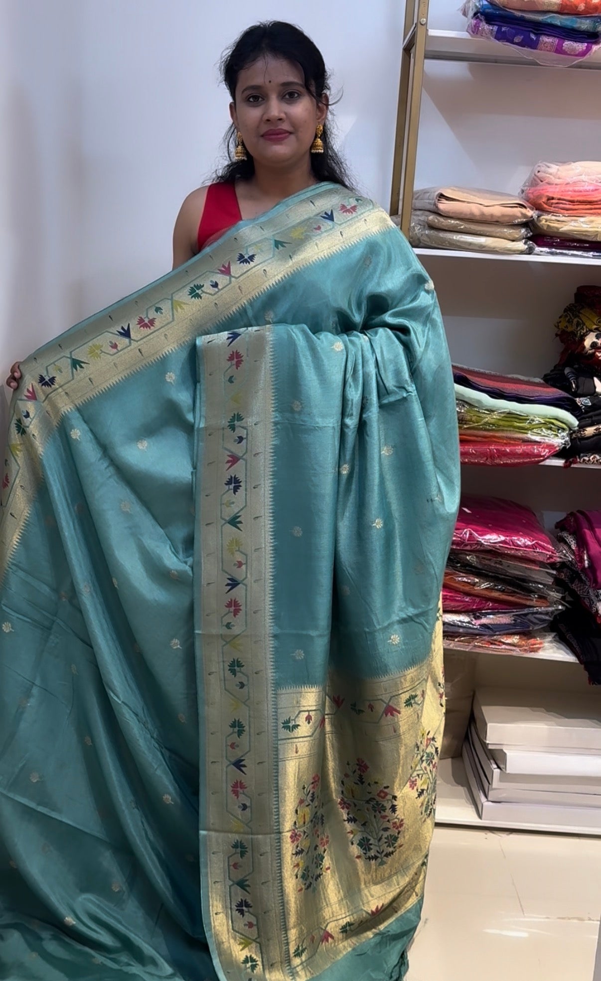 Blue dola silk saree with paithani border