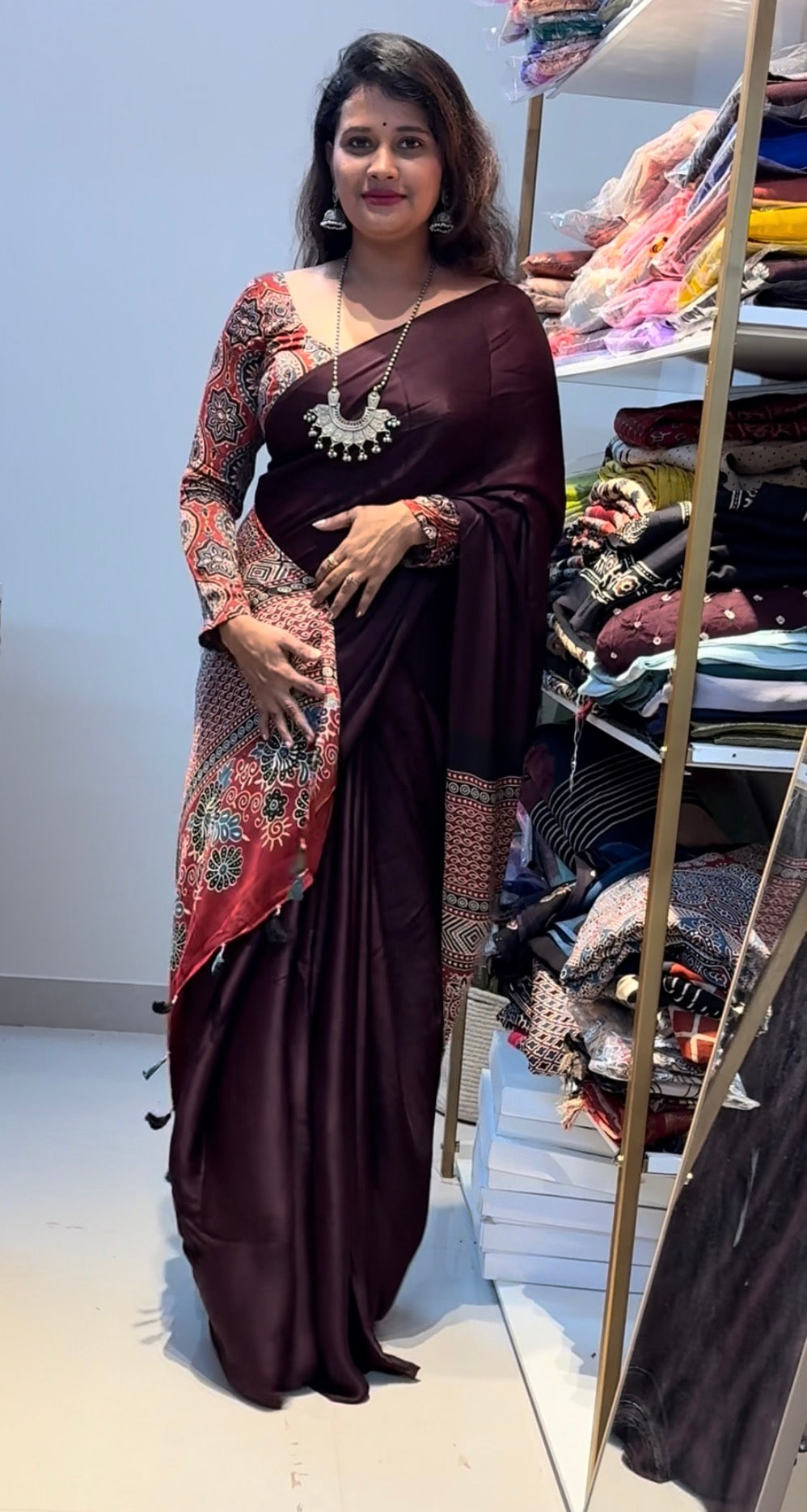 Brown Ajrakh Modal Silk saree