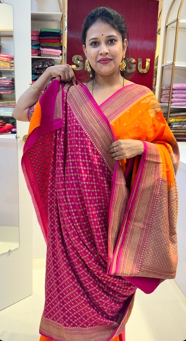 Orange with pink  blue pure crepe Banarasi saree(ORANGE01)