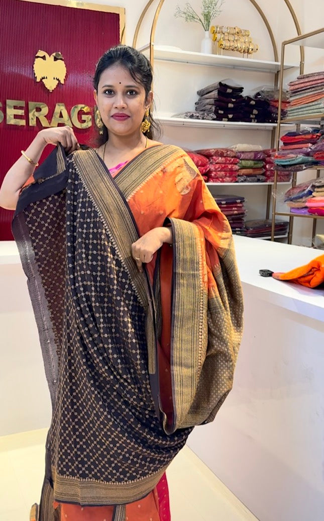Rust orange with brown pure crepe Banarasi saree(RUST01)