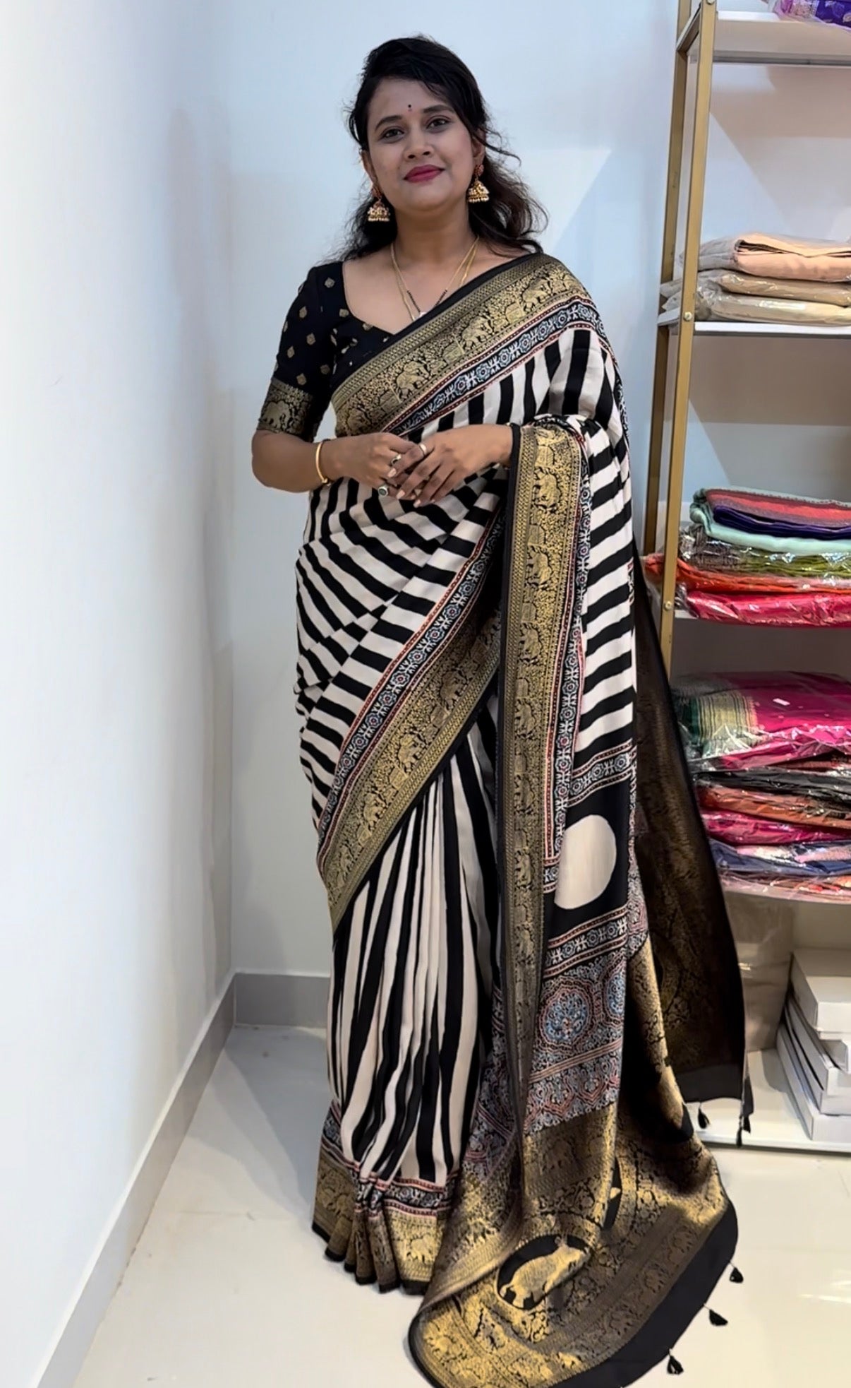 Black & White Dola Silk Saree with ajrakh hand block print