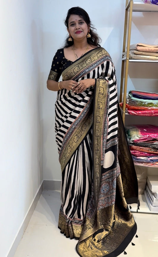 Black & White Dola Silk Saree with ajrakh hand block print