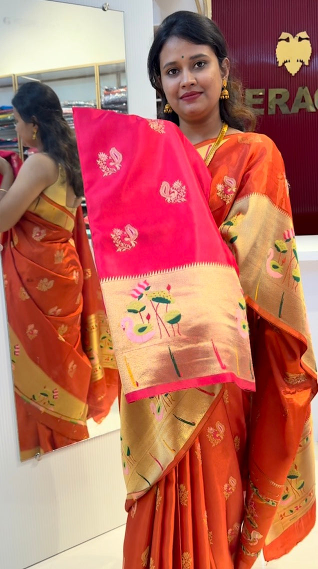 Pink Viscose crepe silk saree with beautiful satin finish with stunning hamsa and lotus motifs(SBSGLOTUS)