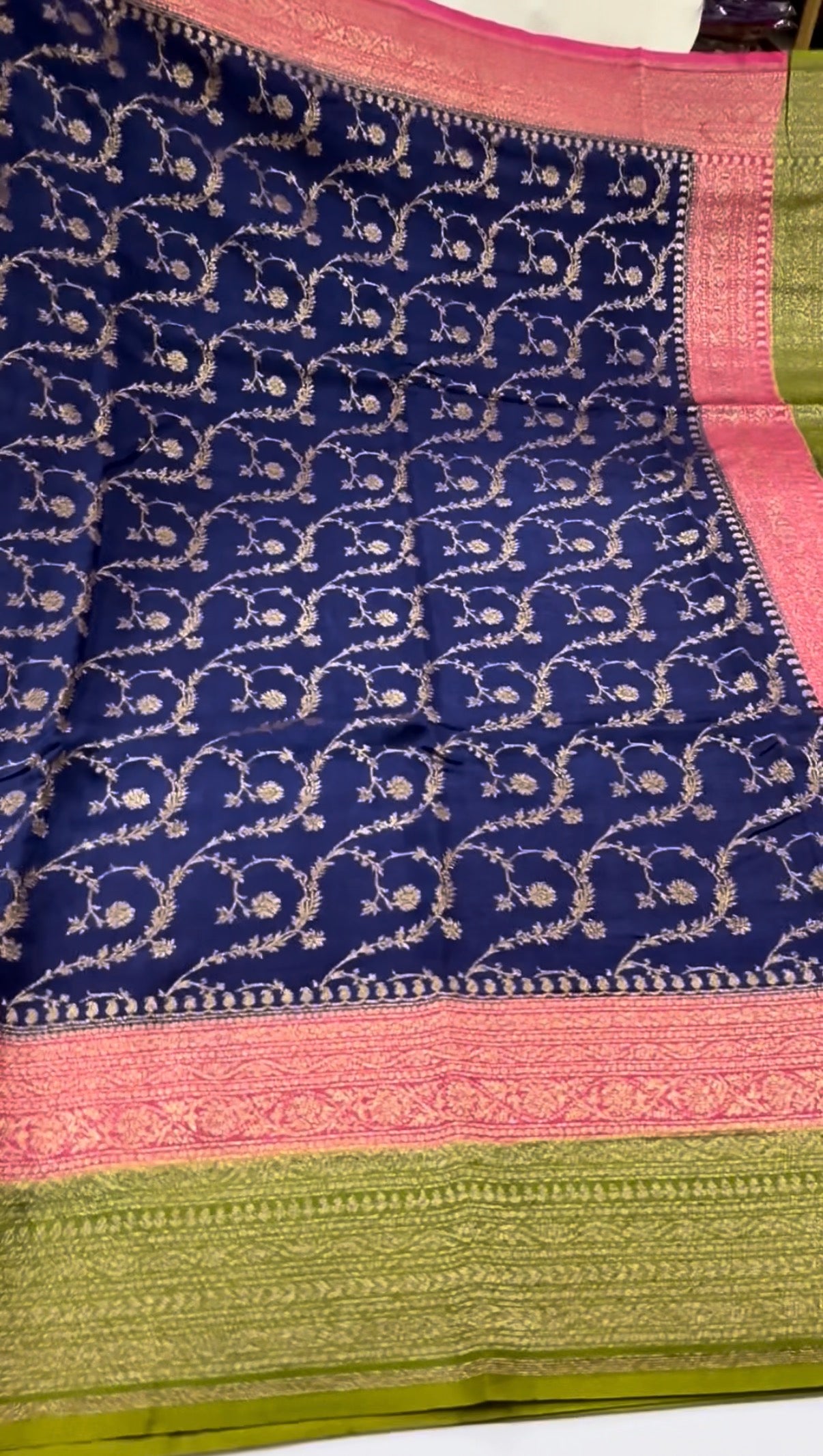3D blue Pure Crepe chiffon banarasi saree with pink and green border.