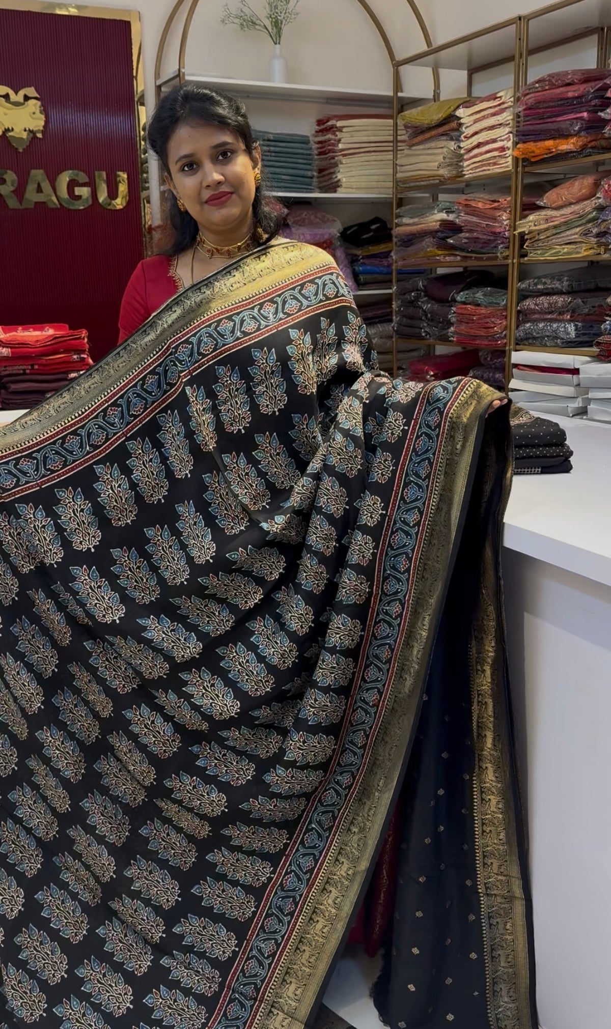 Pure Dola silk saree with ajrakh hand block print