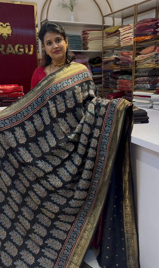 Pure Dola silk saree with ajrakh hand block print