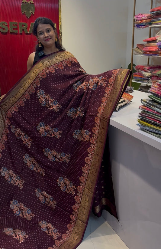 Dola Silk Saree with ajrakh hand block print