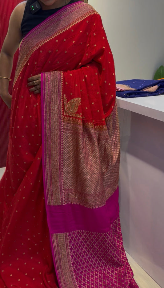 Red with pink pure crepe Banarasi saree