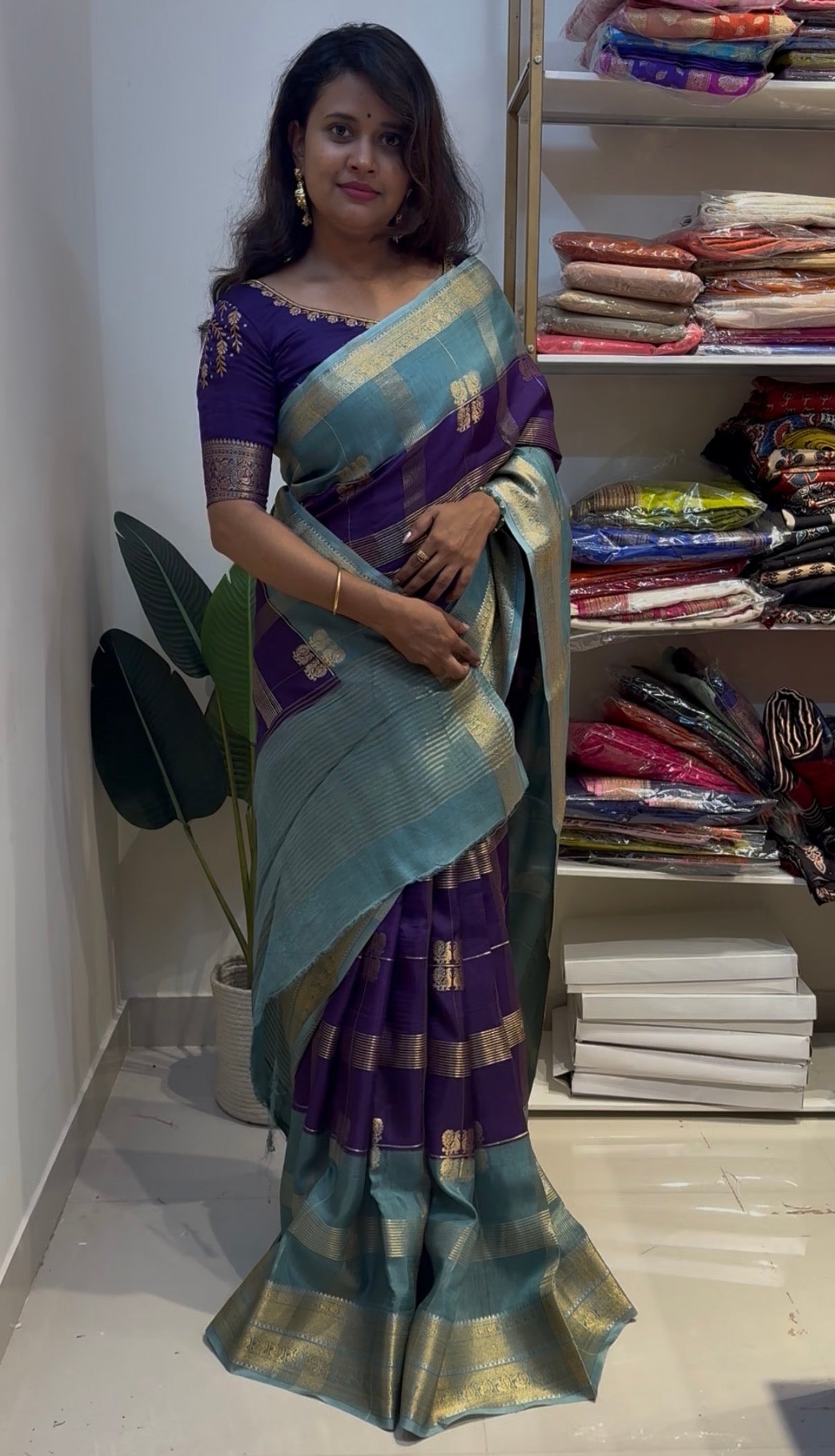 Purple with ice blue premium crepe silk saree(crepe450)