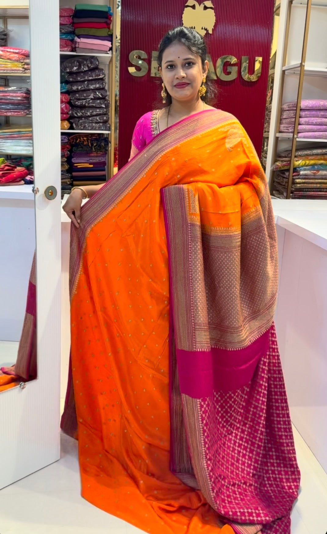 Orange with pink  blue pure crepe Banarasi saree(ORANGE01)