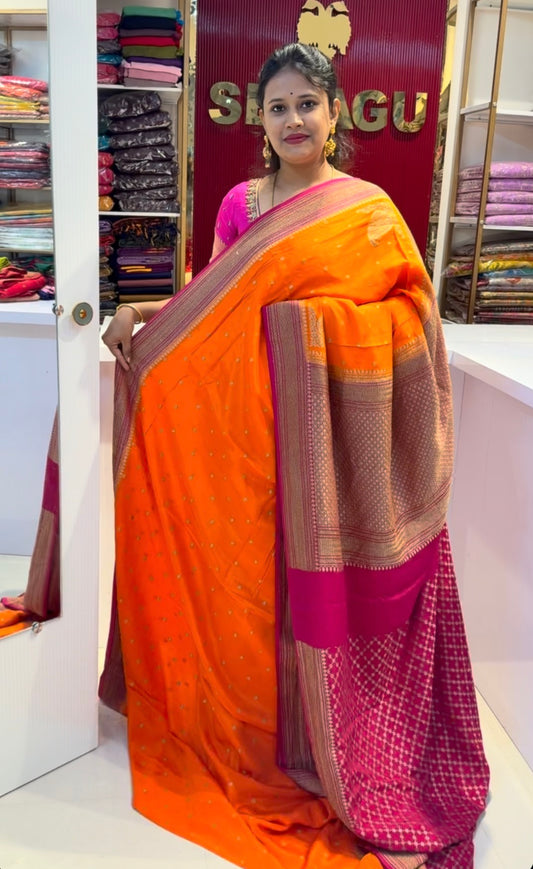 Orange with pink  blue pure crepe Banarasi saree(ORANGE01)
