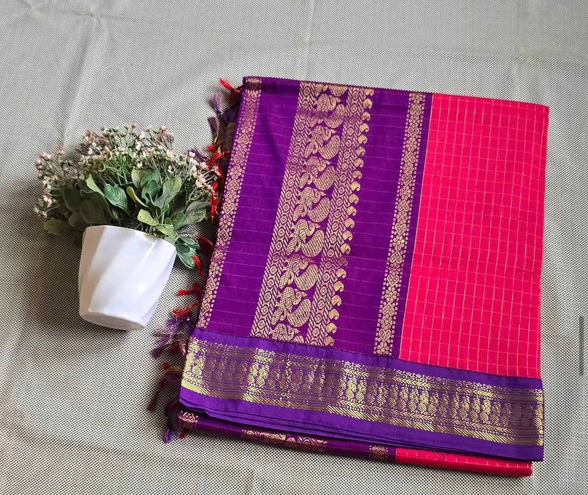 Pink with purple silk cotton saree