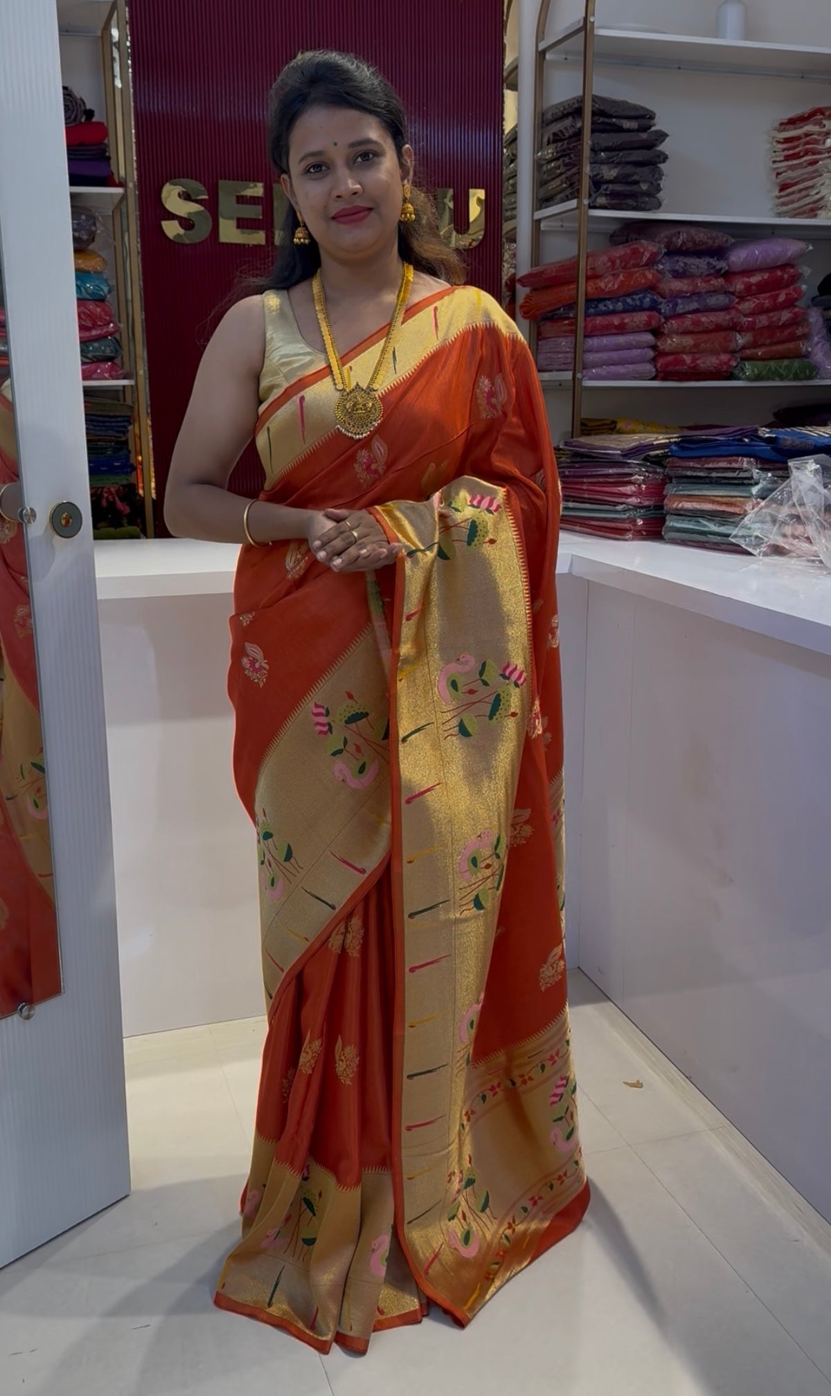 Viscose crepe silk saree with beautiful satin finish with stunning hamsa and lotus motifs(SBSGLOTUS)