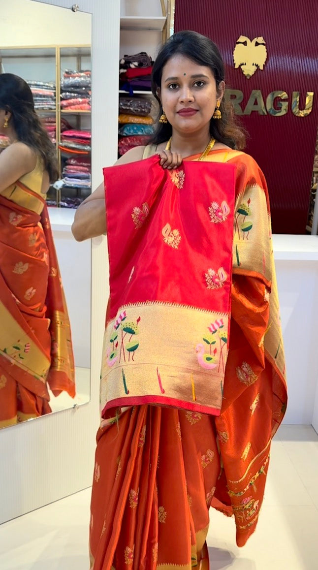 Red Viscose crepe silk saree with beautiful satin finish with stunning hamsa and lotus motifs(SBSGLOTUS)